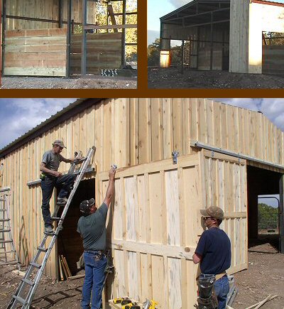 Photos of the crew building a barn