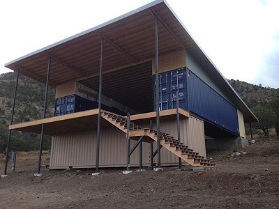 Photos of a structure made using conex containers in Catron County, New Mexico